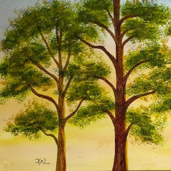 PAINTING WATERCOLOR 11X14 & WHITE MAT 16X20 TREES SUNRISE LANDSCAPE ORIGINAL ART